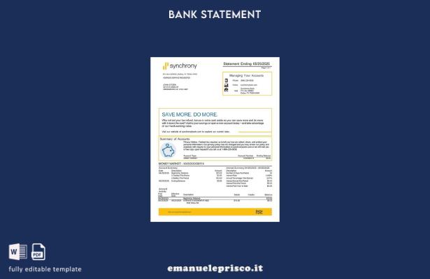 modello word di estratto conto bancario USA Synchrony in stile verificato